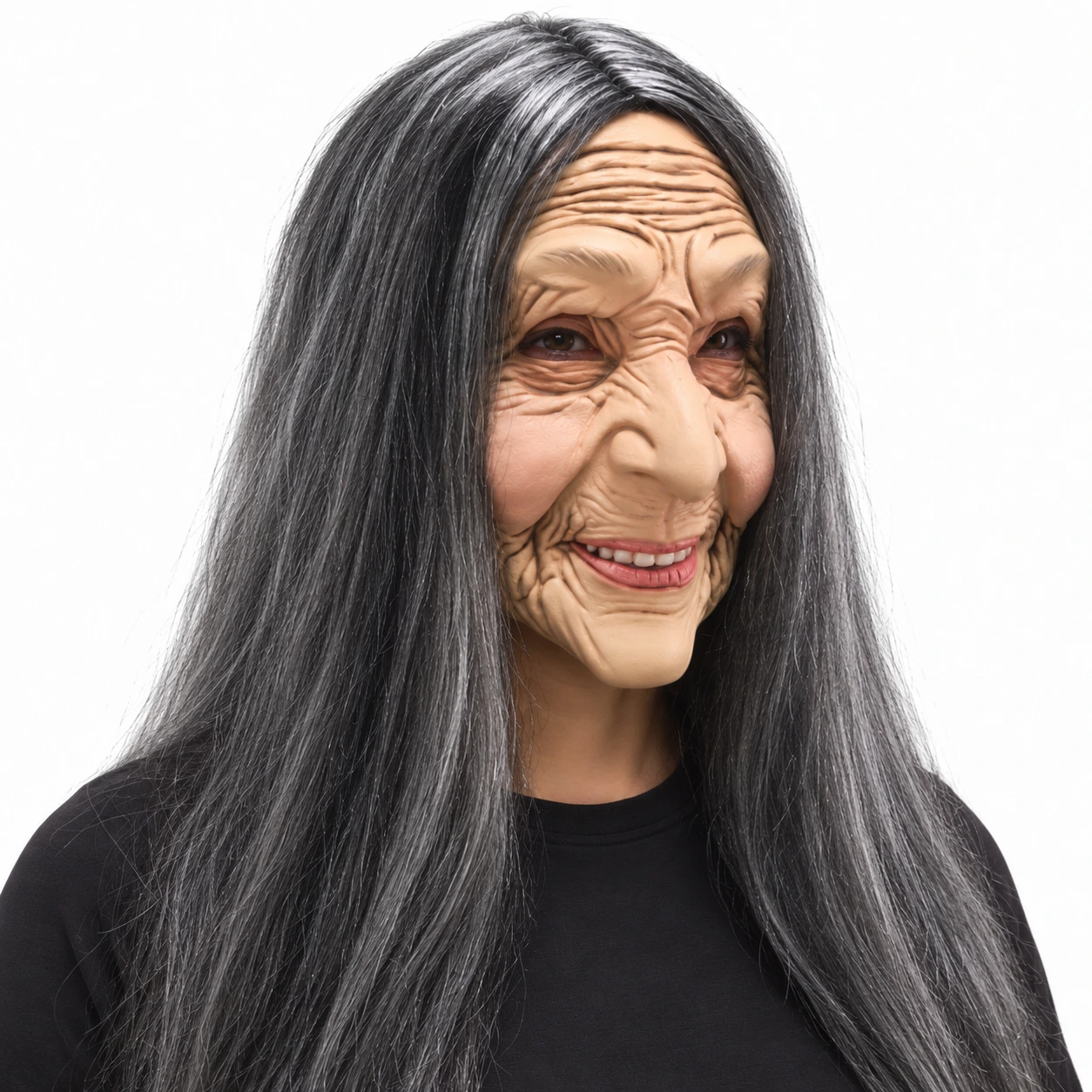 Mask gammal kvinna i latex med långt svart hår