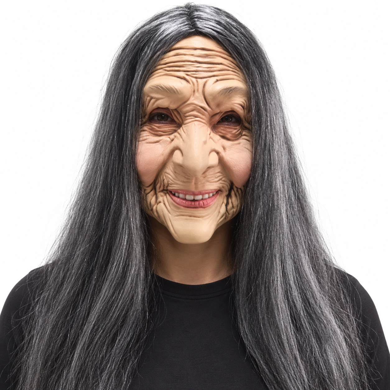 Mask gammal kvinna i latex med långt svart hår