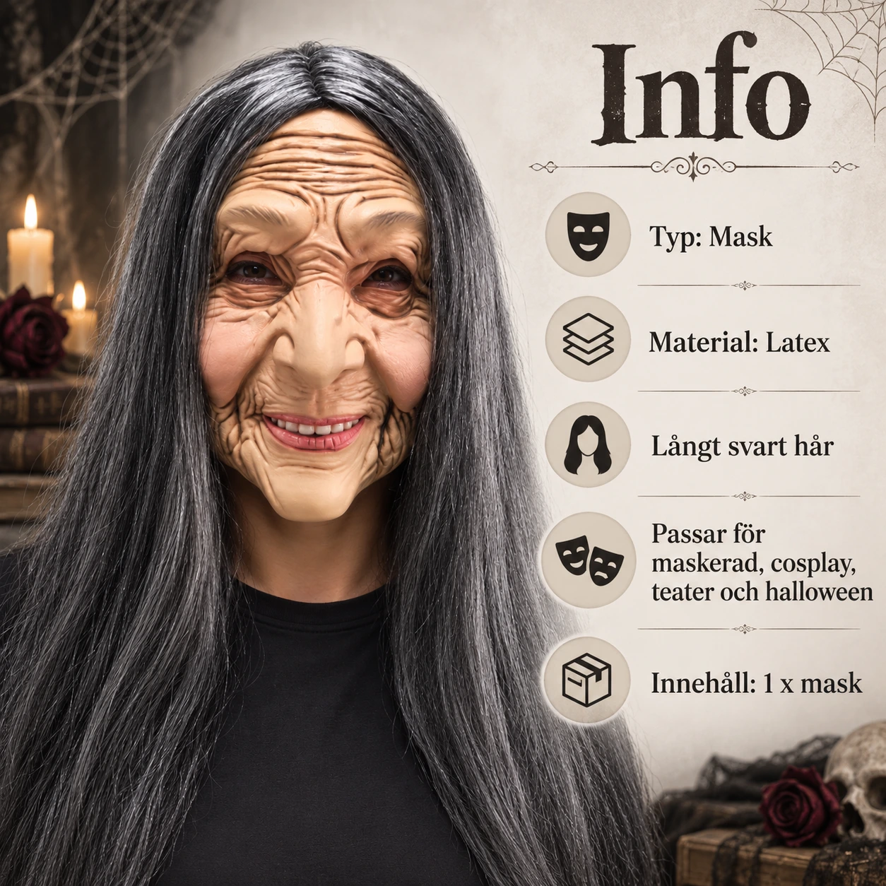 Mask gammal kvinna i latex med långt svart hår