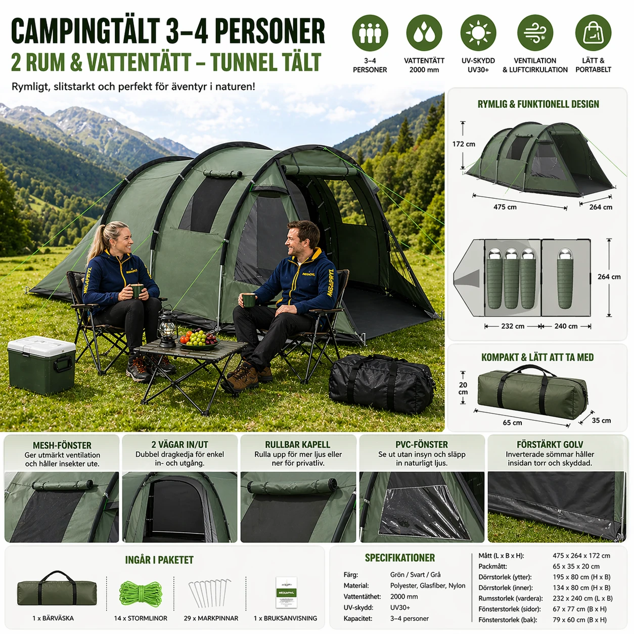 Campingtält 3–4 Personer – 2 Rum & Vattentätt – Tunnel Tält