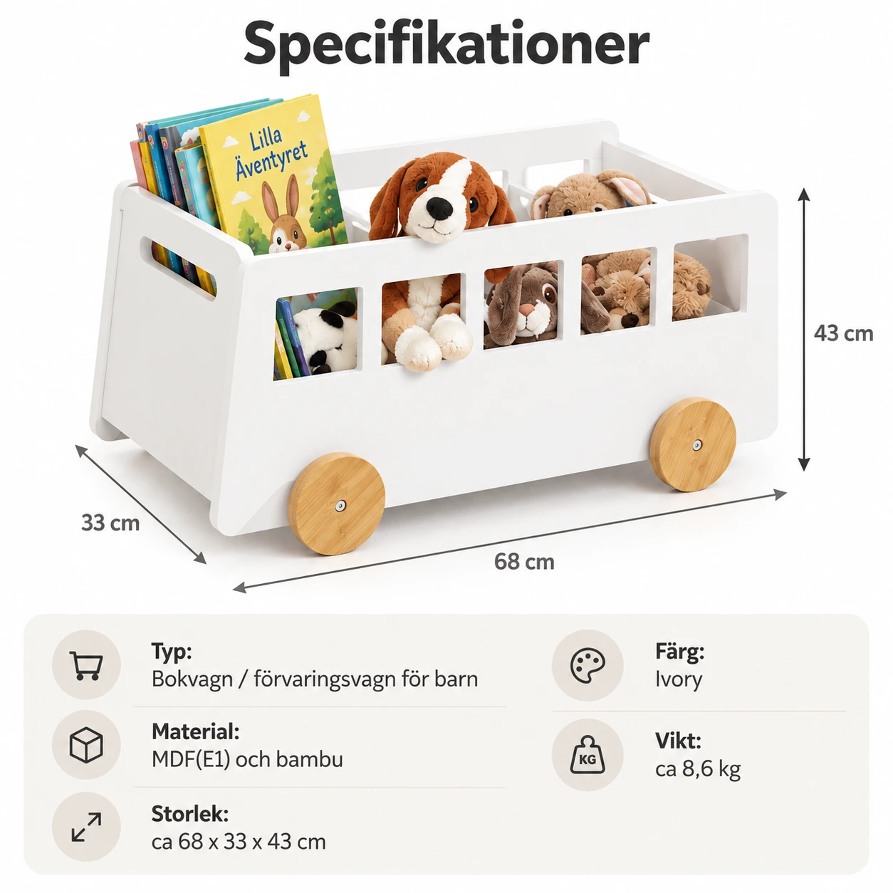 Bokvagn för barn med hjul och förvaring