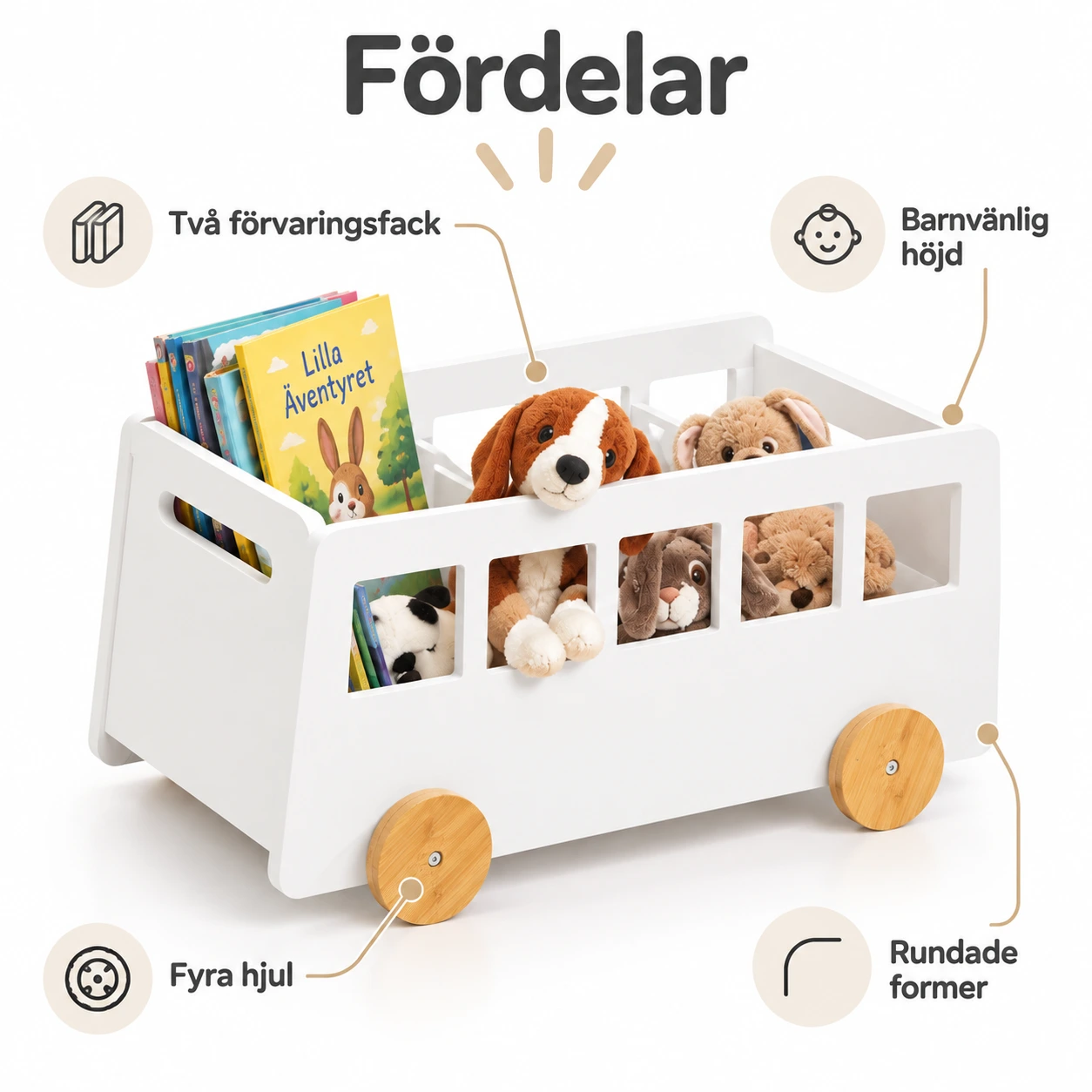 Bokvagn för barn med hjul och förvaring