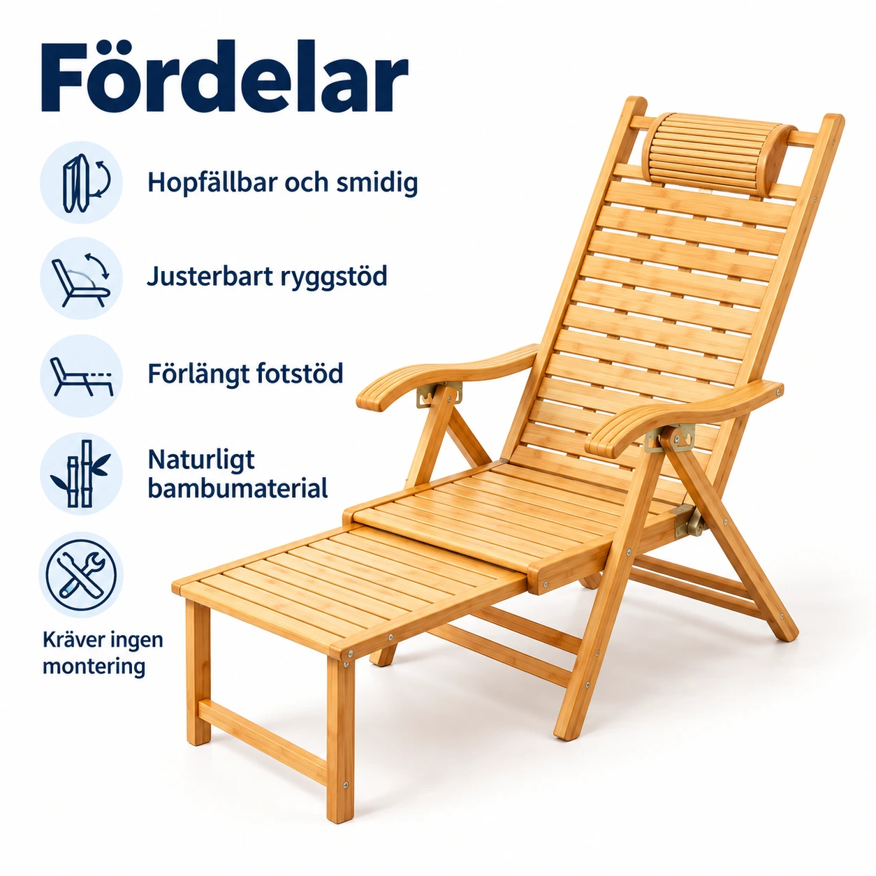 Hopfällbar loungestol i bambu med justerbart ryggstöd