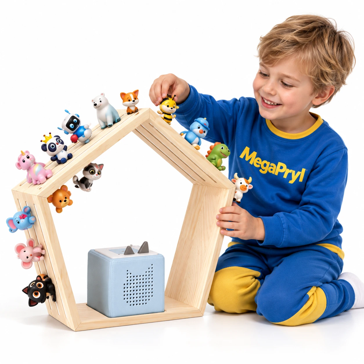 Vägghylla för figuriner och ljudbox i trä