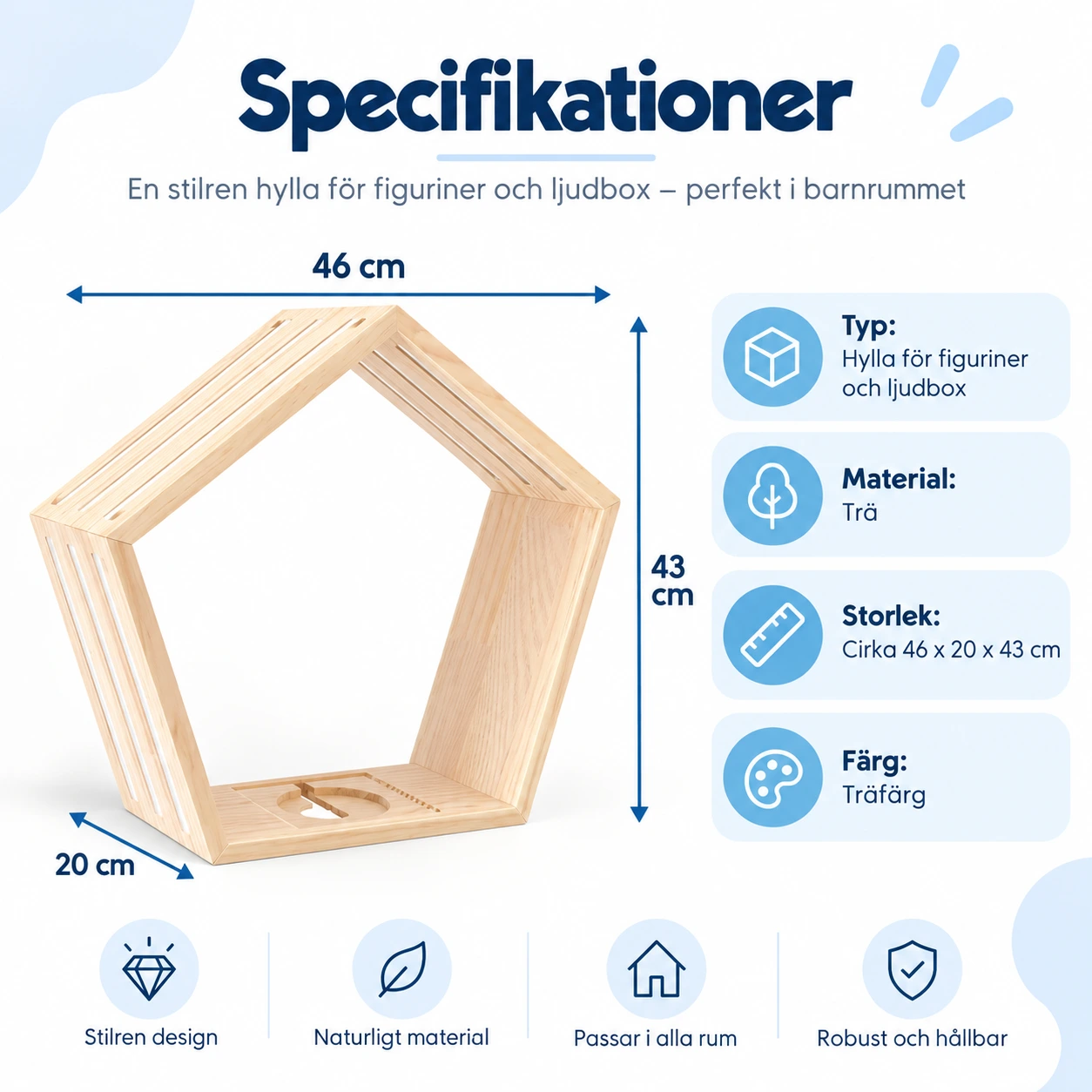 Vägghylla för figuriner och ljudbox i trä