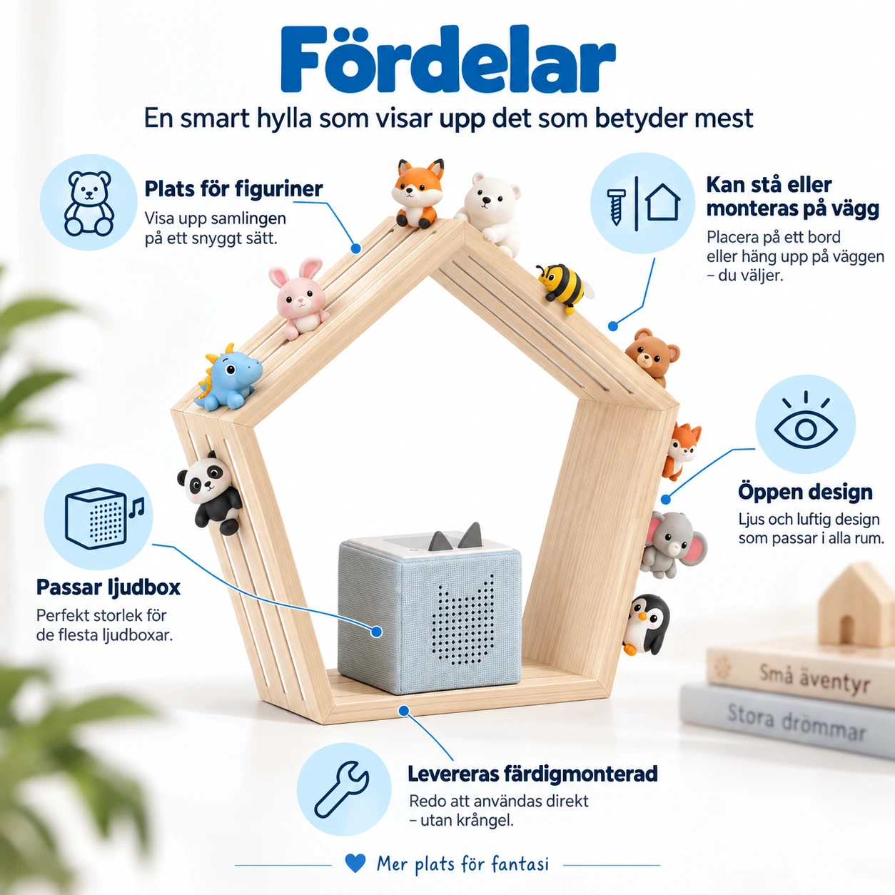 Vägghylla för figuriner och ljudbox i trä