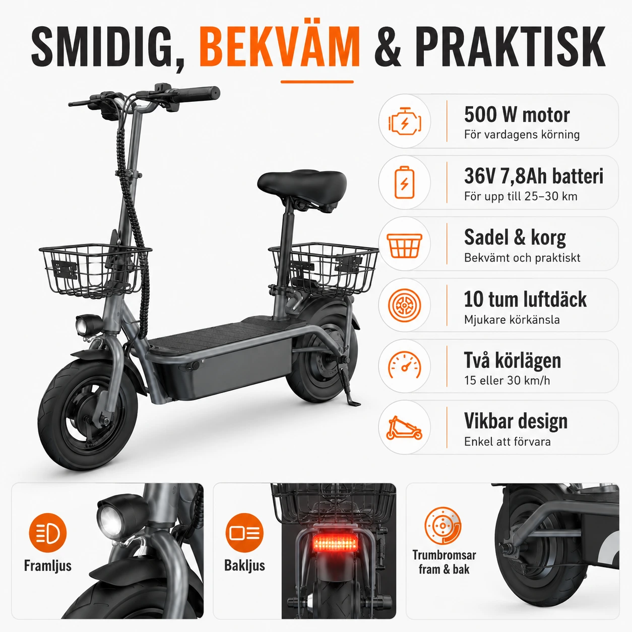 Elscooter Vikbar med Sadel och Korg 500W 30 km Räckvidd