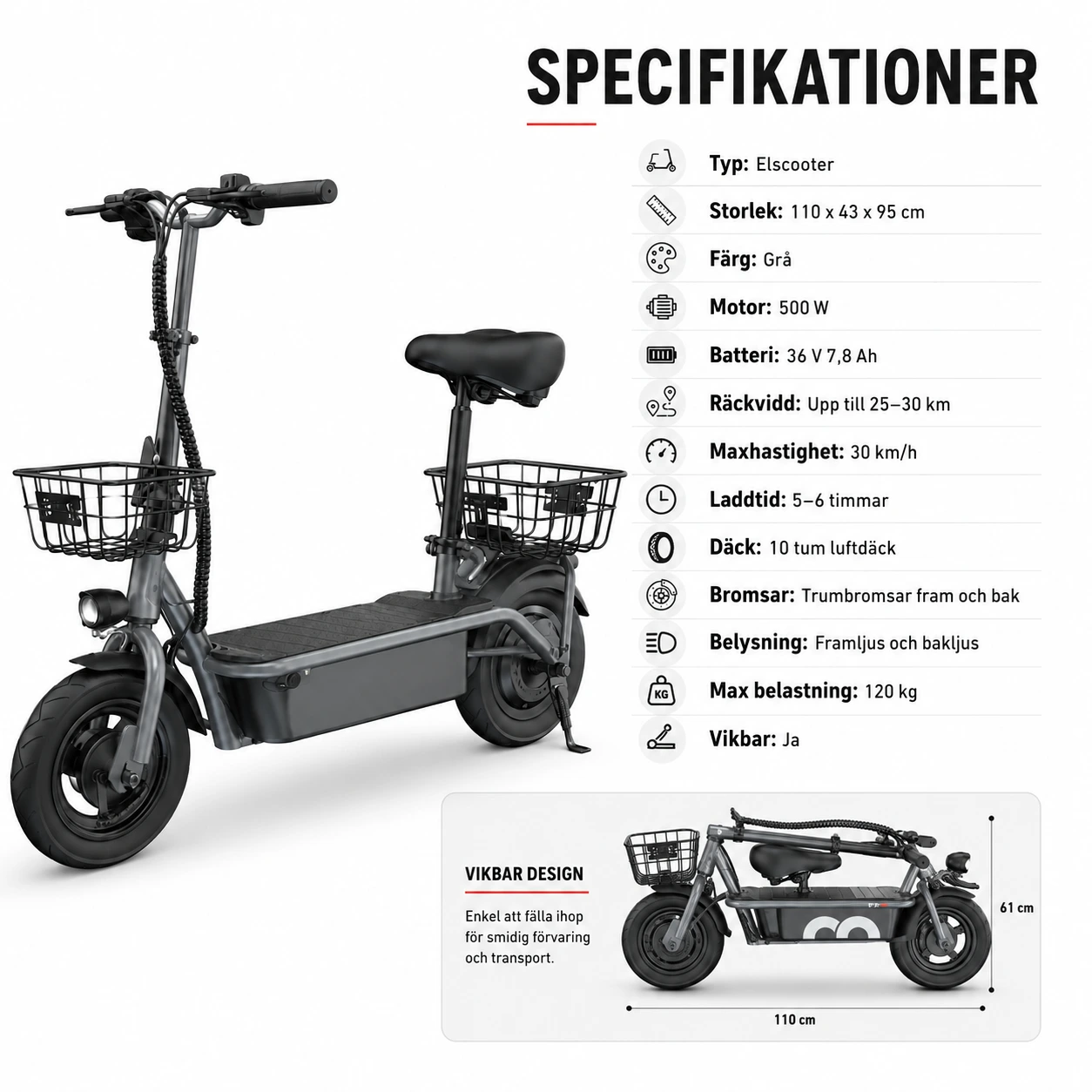 Elscooter Vikbar med Sadel och Korg 500W 30 km Räckvidd