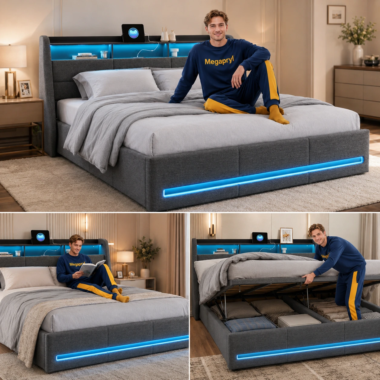 Förvaringssäng 140x190 med LED – Grå