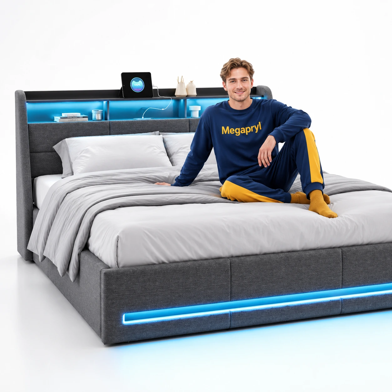 Förvaringssäng 140x190 med LED – Grå