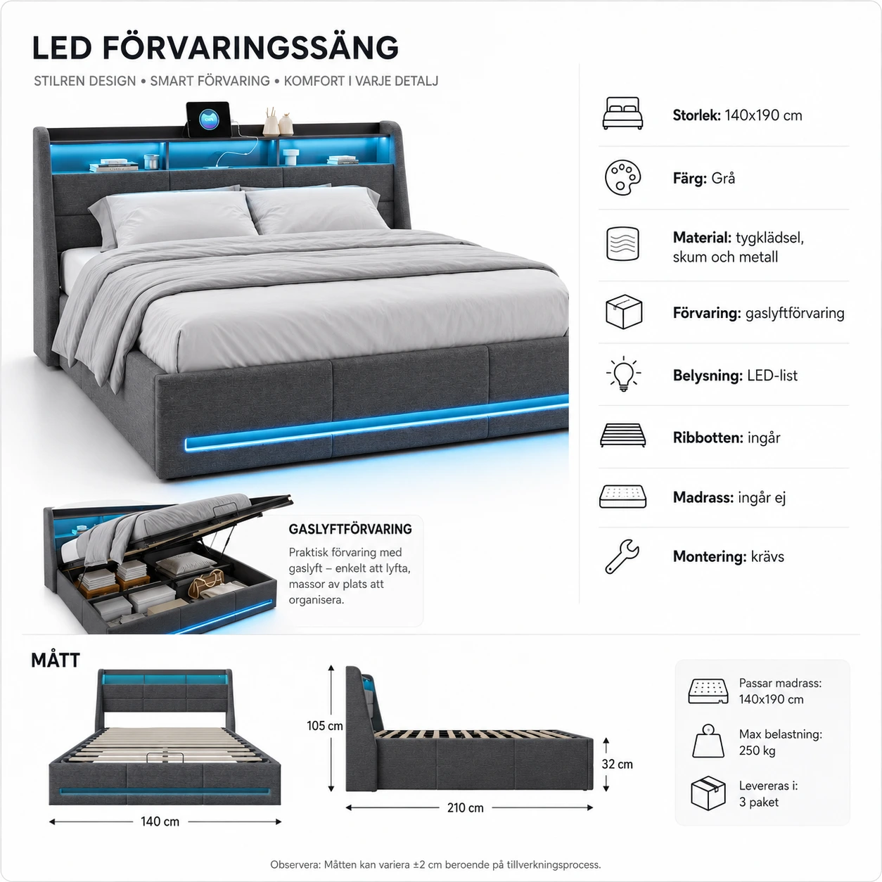 Förvaringssäng 140x190 med LED – Grå
