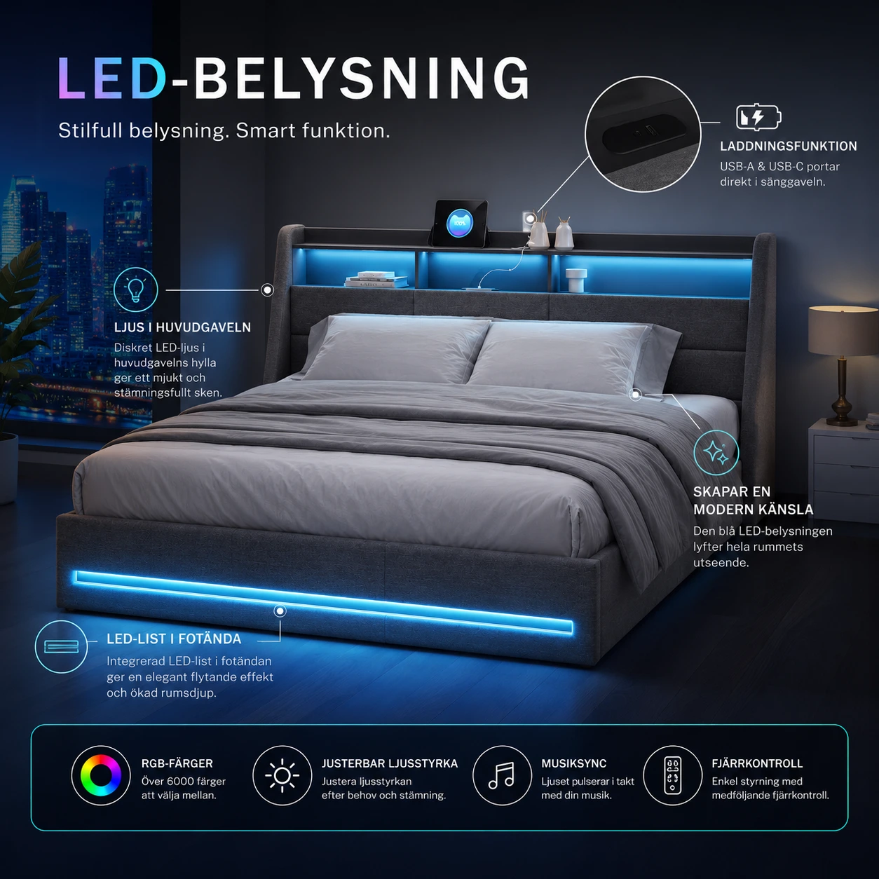 Förvaringssäng 140x190 med LED – Grå