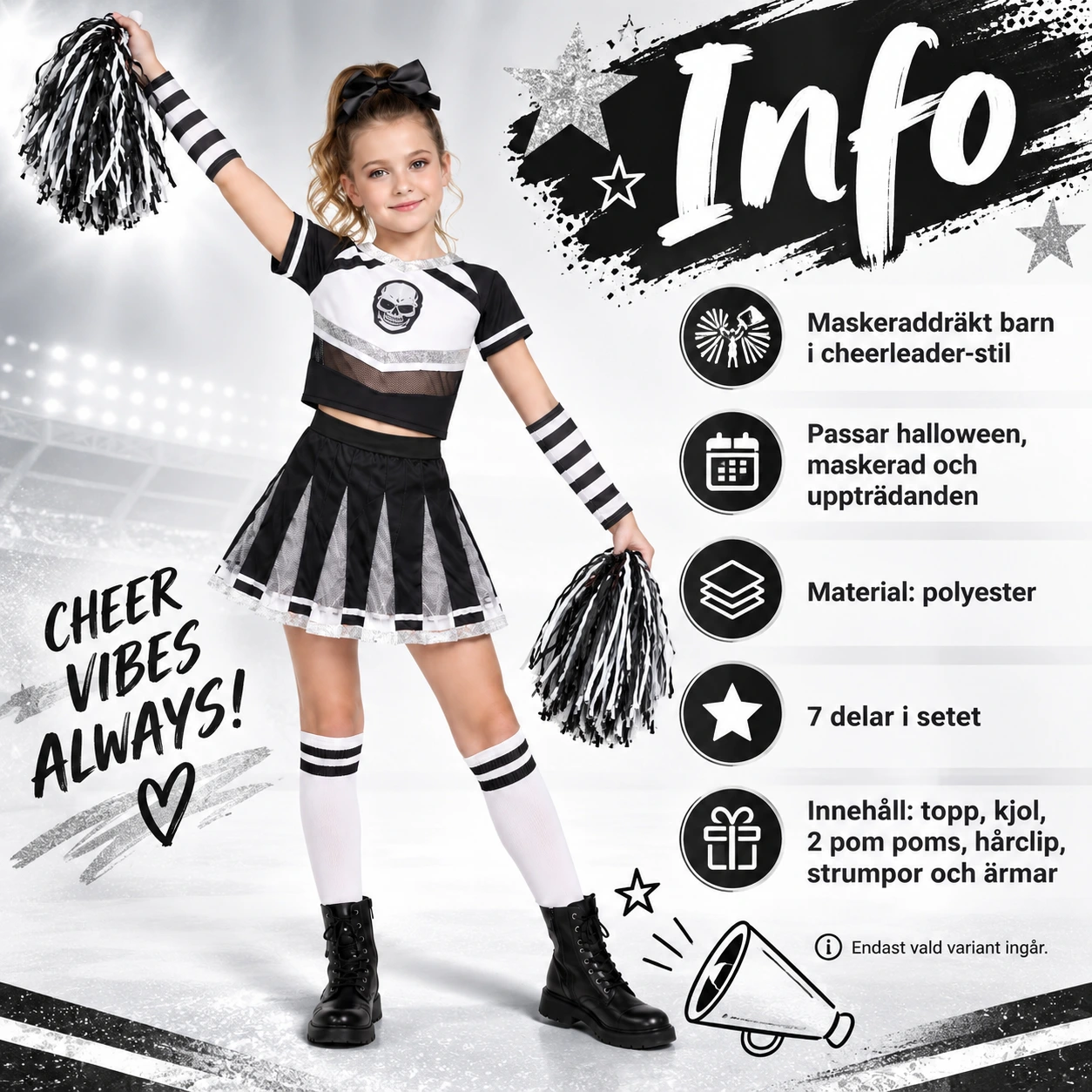 Lasten musta cheerleader-asu yläosalla ja hameella