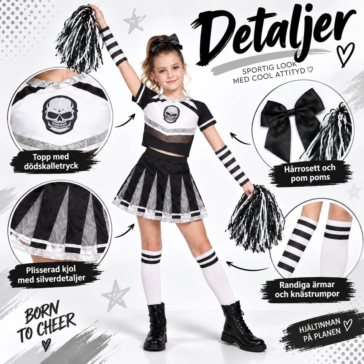 Lasten musta cheerleader-asu yläosalla ja hameella