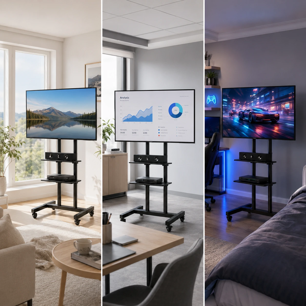 Mobilt TV-Stativ på Hjul 32–70 Tum med Dubbla Hyllor