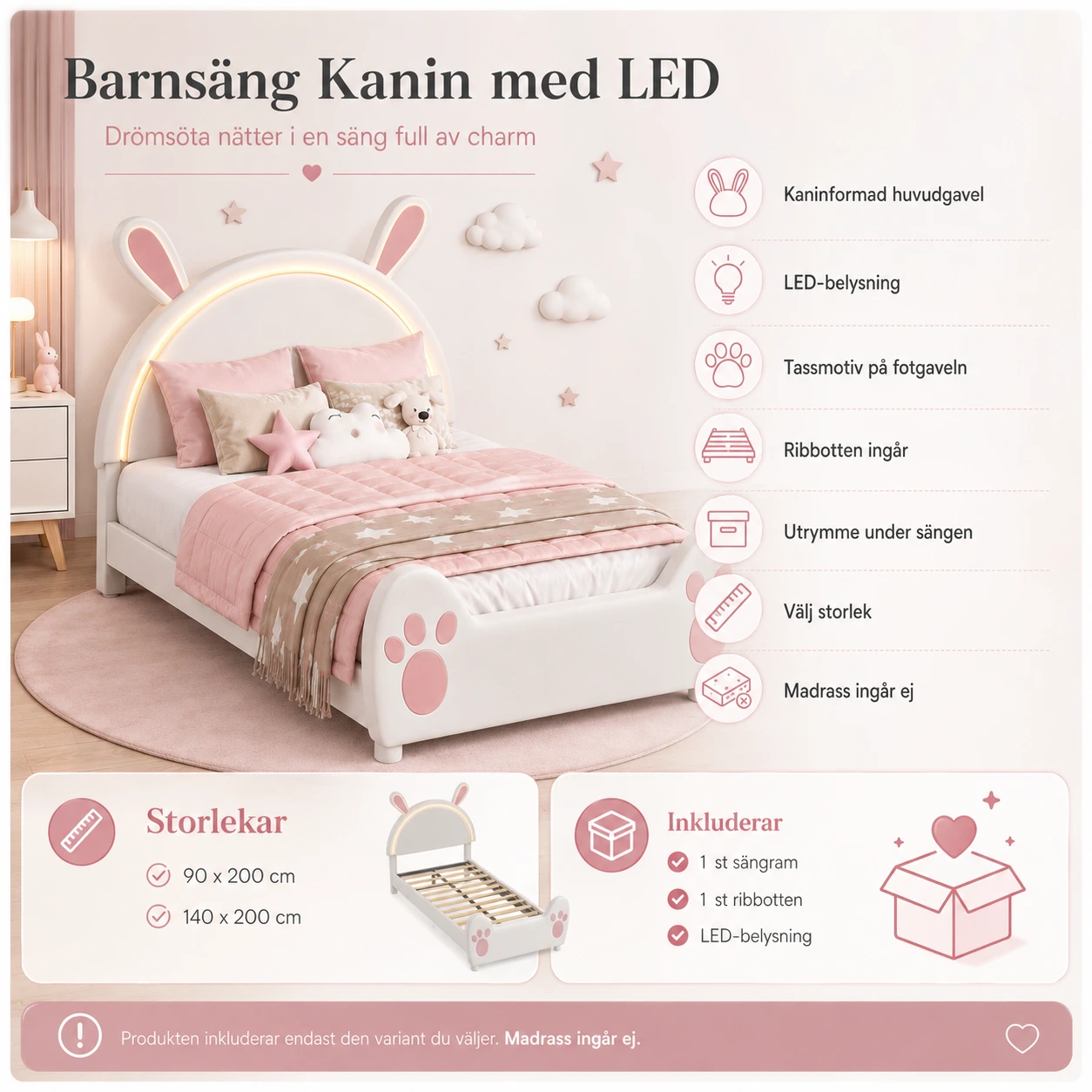 Barnsäng Kanin med LED - Sammetstyg
