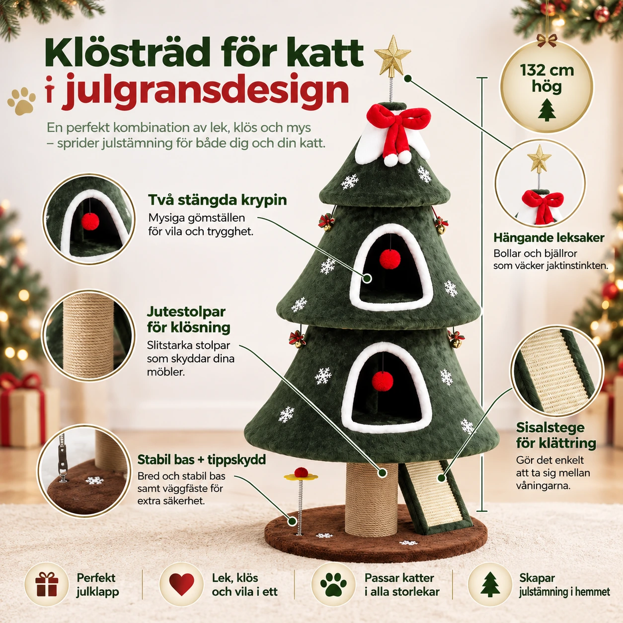 Klösträd för katt med två krypin, 132 cm
