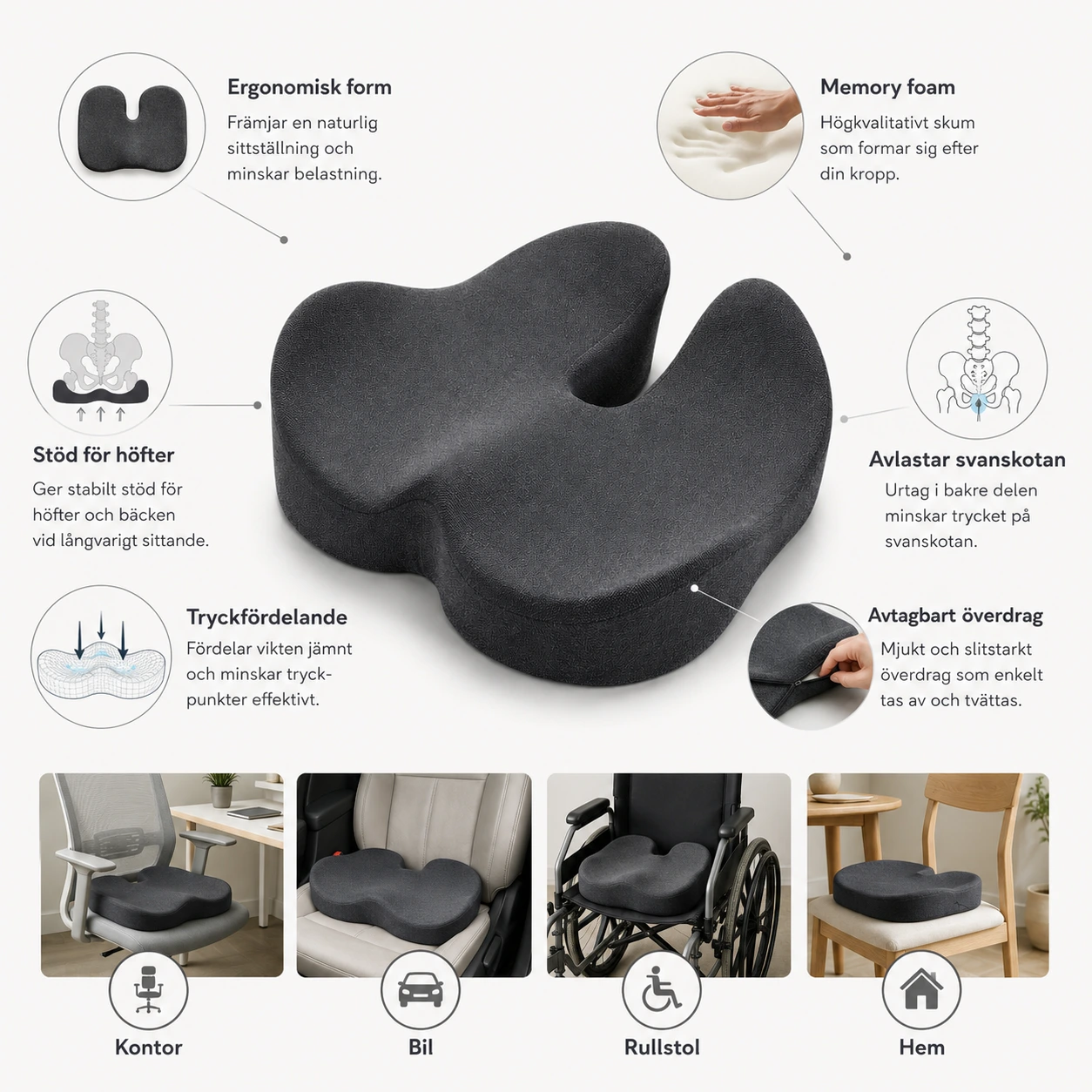 Ergonomisk Sittdyna i Memory Foam med Överdrag