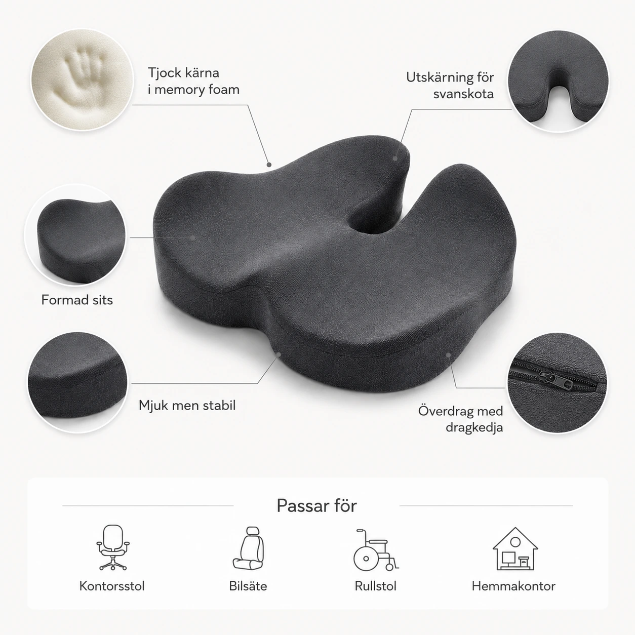 Ergonomisk Sittdyna i Memory Foam med Överdrag