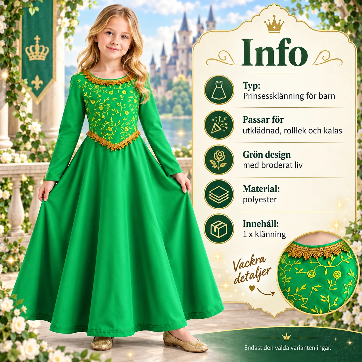 Vihreä lasten prinsessamekko kirjotulla yläosalla