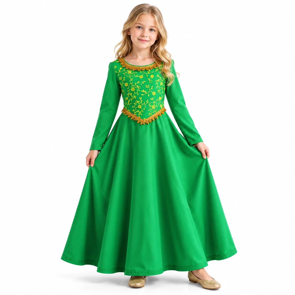 Vihreä lasten prinsessamekko kirjotulla yläosalla