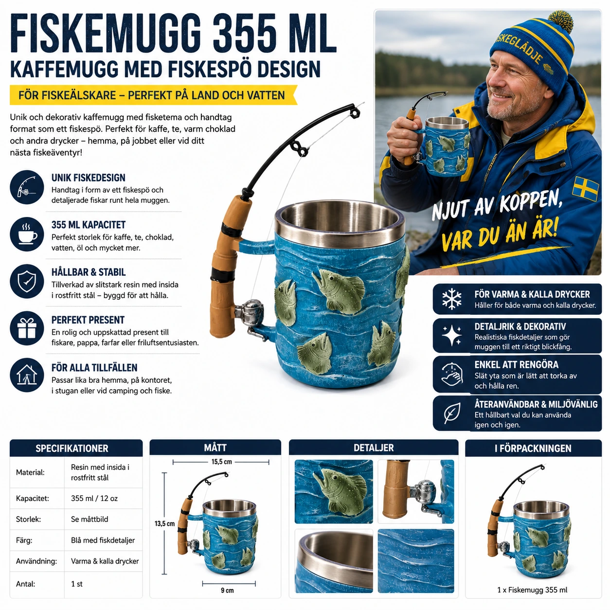 Fiskemugg 355 ml – Kaffemugg med Fiskespö Design