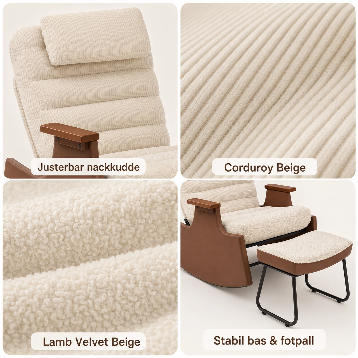 Gungfåtölj med Fotpall och 3-Läges Justerbart Ryggstöd Beige