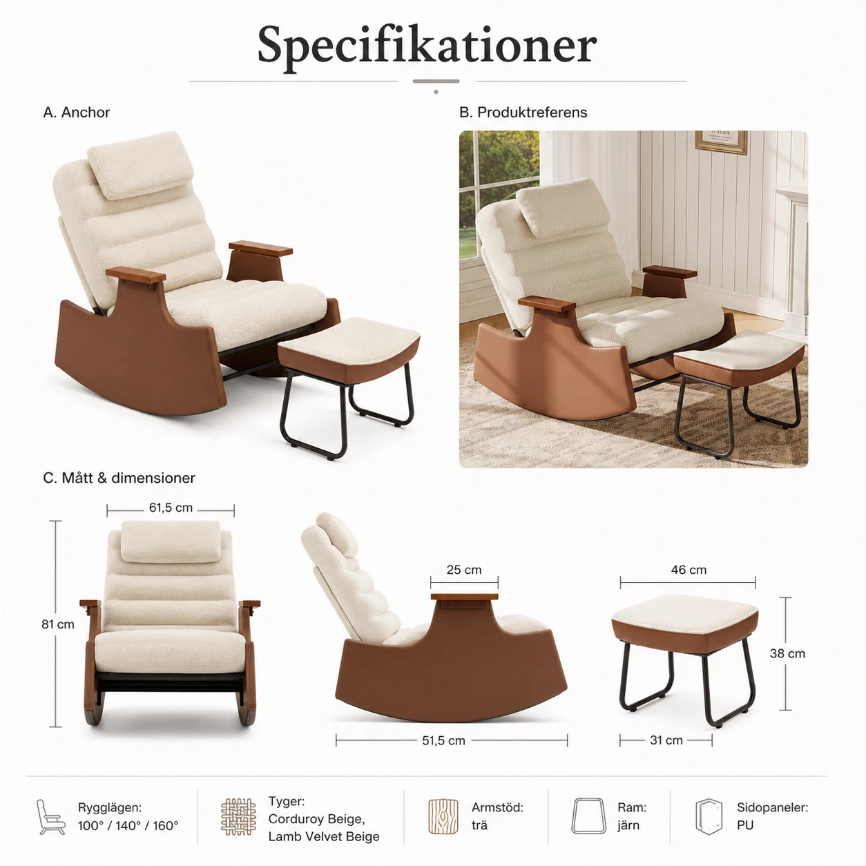 Gungfåtölj med Fotpall och 3-Läges Justerbart Ryggstöd Beige