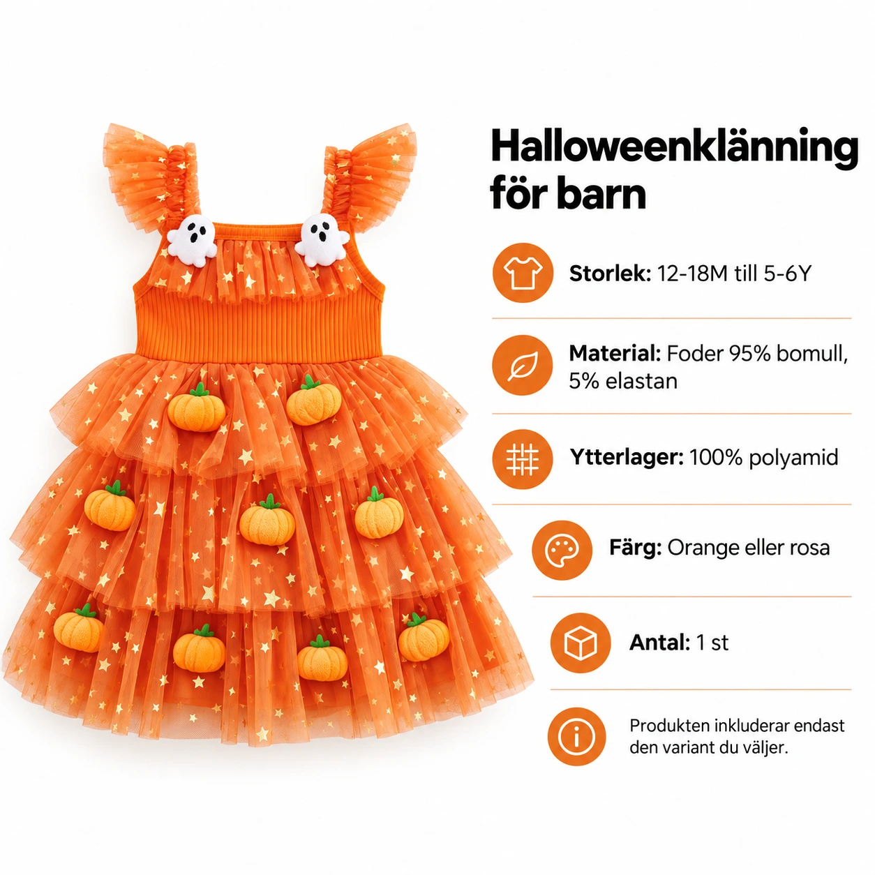 Halloweenklänning för barn med tyll och 3D-detaljer