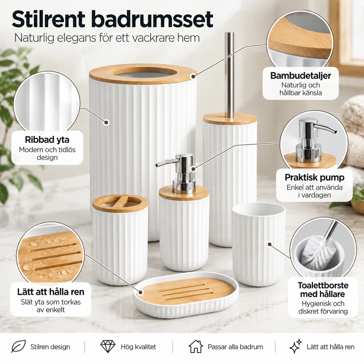 Badrumsset med 6 delar för organiserad förvaring, vit