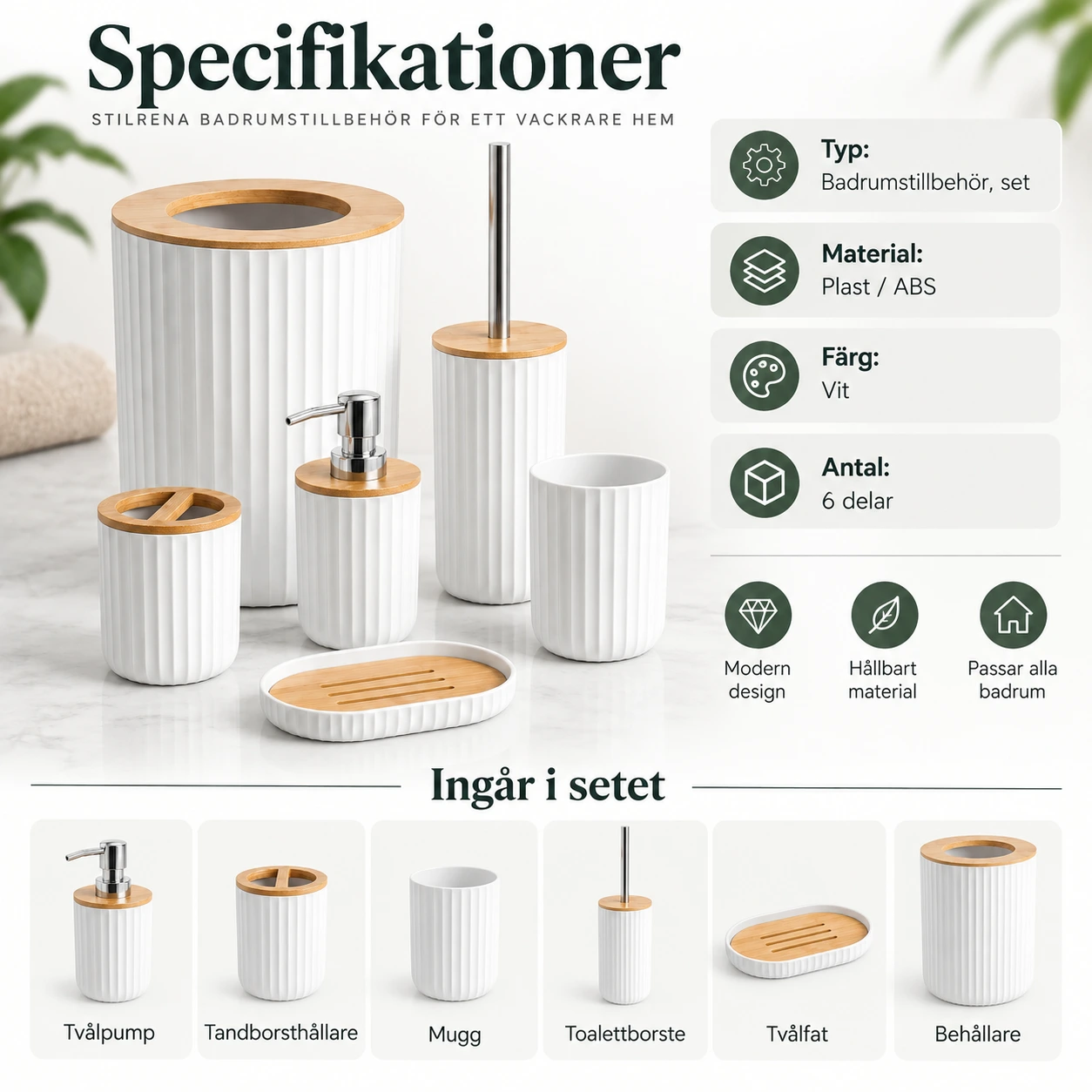 Badrumsset med 6 delar för organiserad förvaring, vit