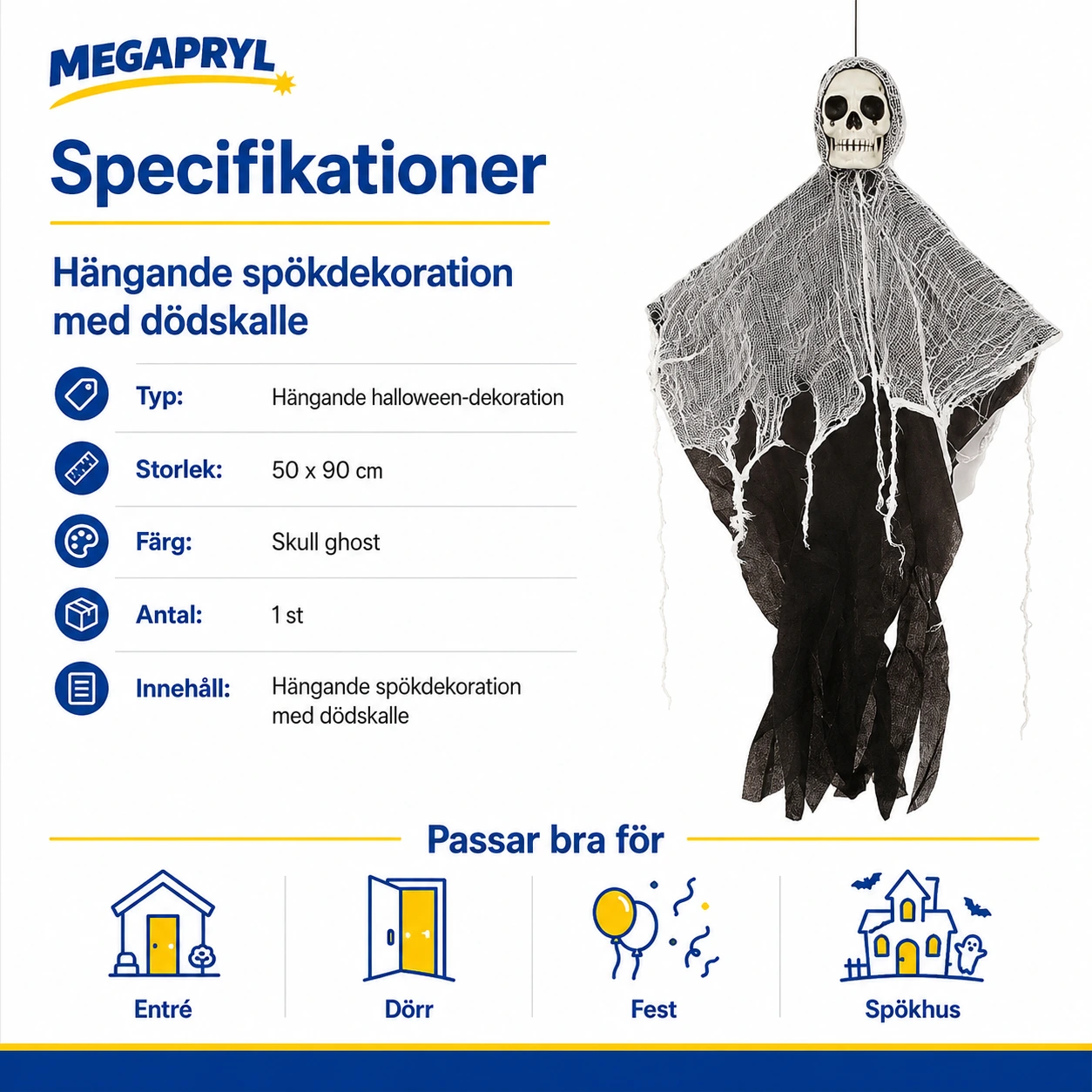 Hängande spökdekoration med dödskalle för halloween