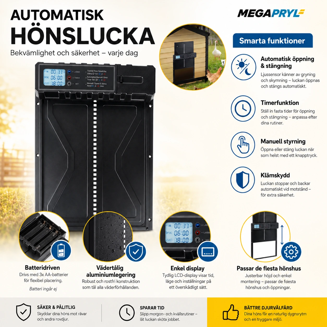 Hönslucka Automatisk Batteridriven med Timer och Klämskydd