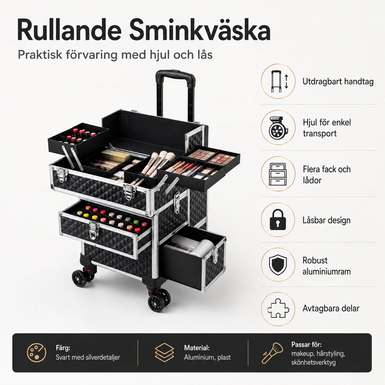 Rullande Sminkväska med Hjul och Lås, Professionell Kosmetikalåda