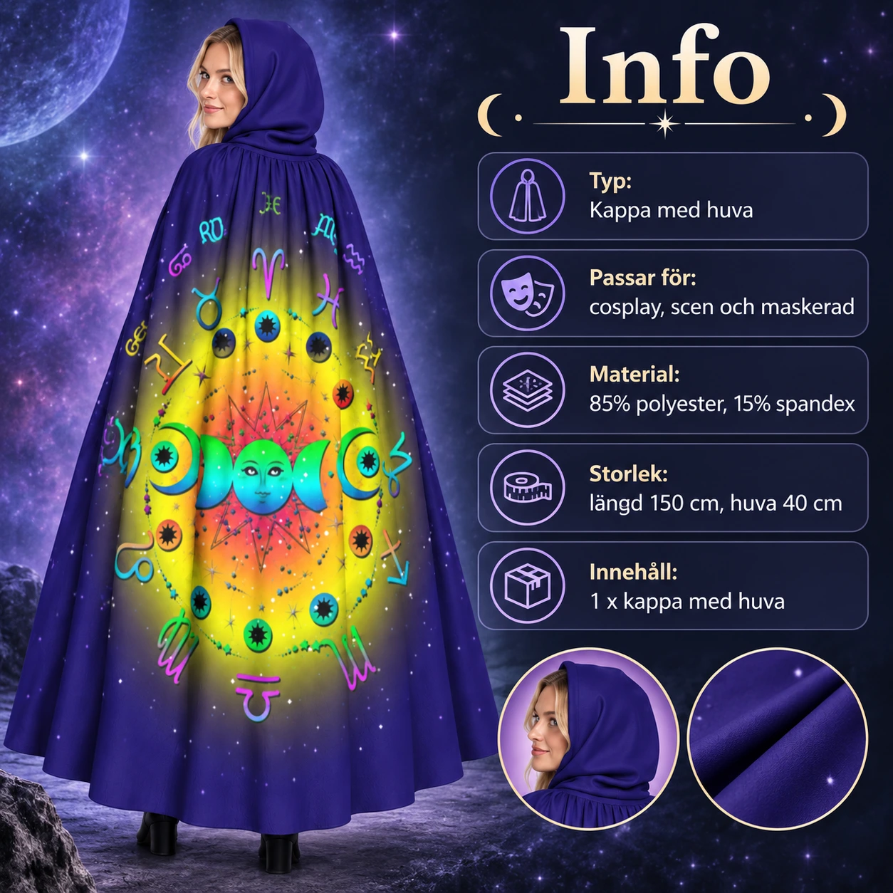 Färgstark Kosmisk Mantel med Luva och Zodiakmönster