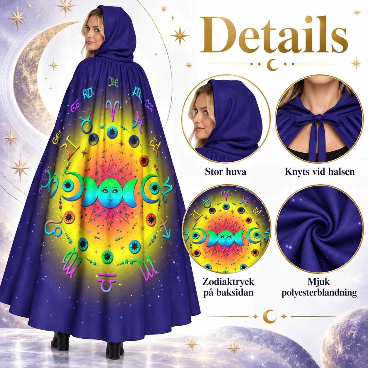 Färgstark Kosmisk Mantel med Luva och Zodiakmönster
