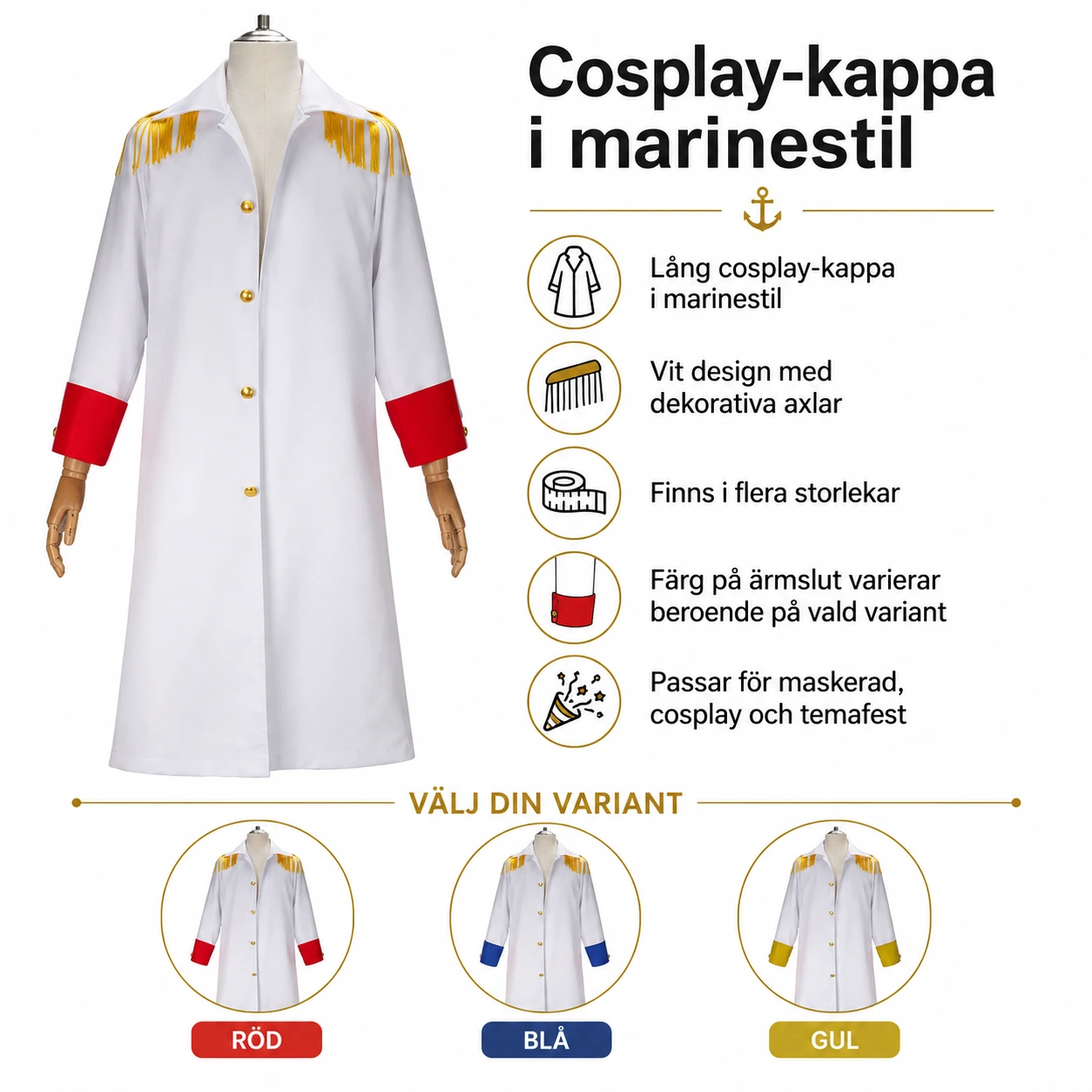 Cosplay-kappa i marinestil för maskerad och cosplay