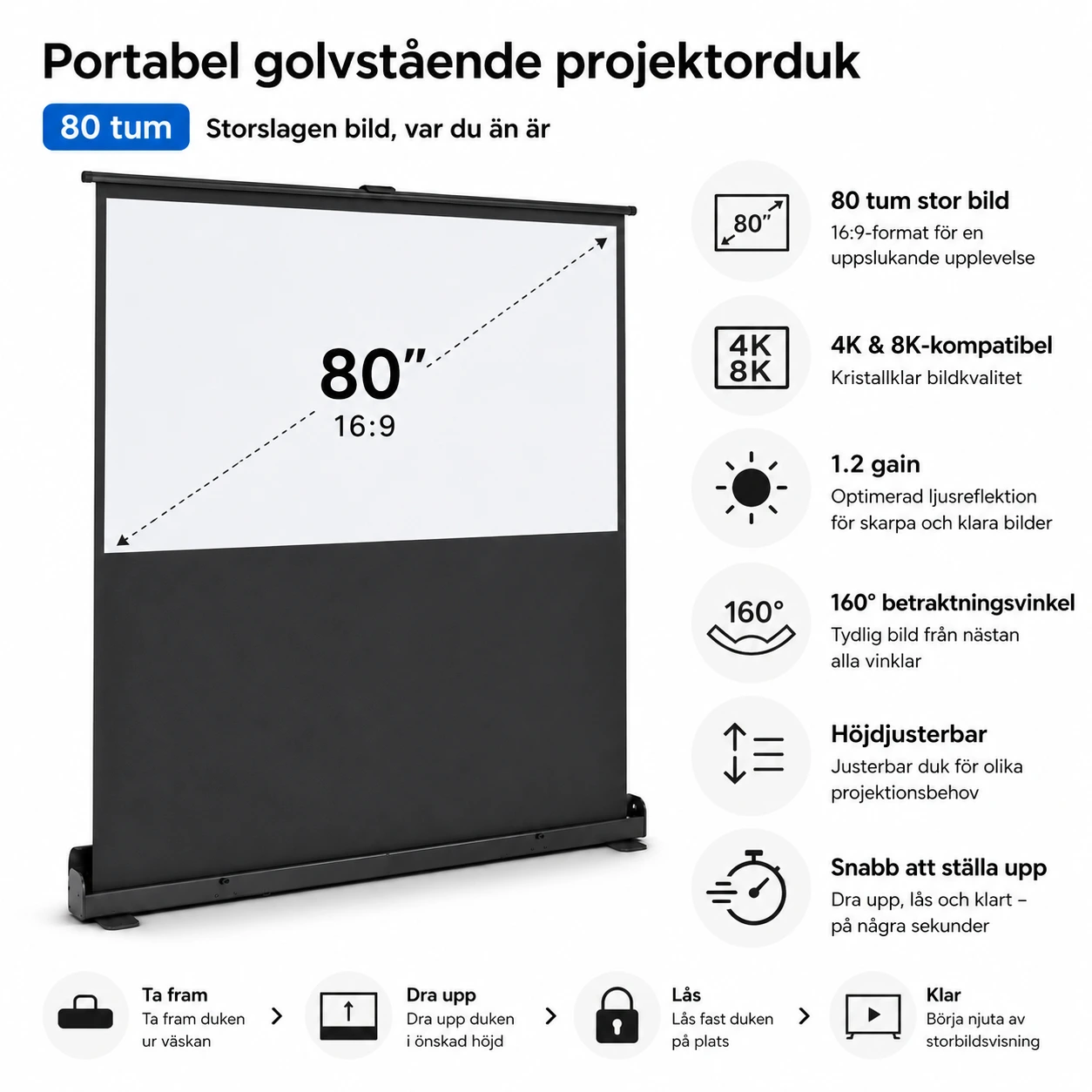 Projektorduk 80 tum Golvstående Pull-Up med Höjdjustering
