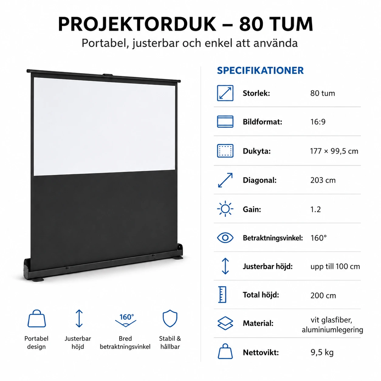 Projektorduk 80 tum Golvstående Pull-Up med Höjdjustering