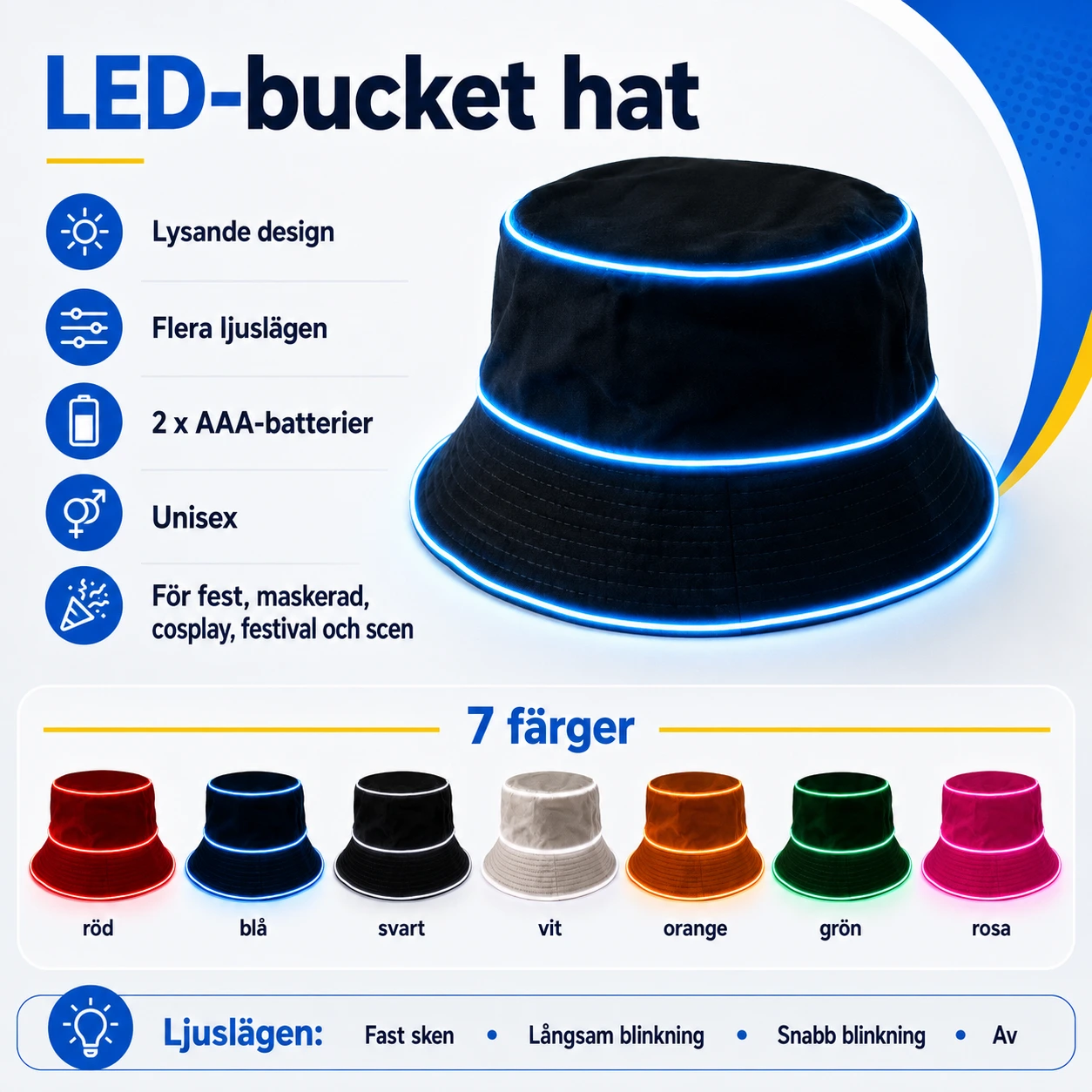 LED-bucket hat för fest och maskerad