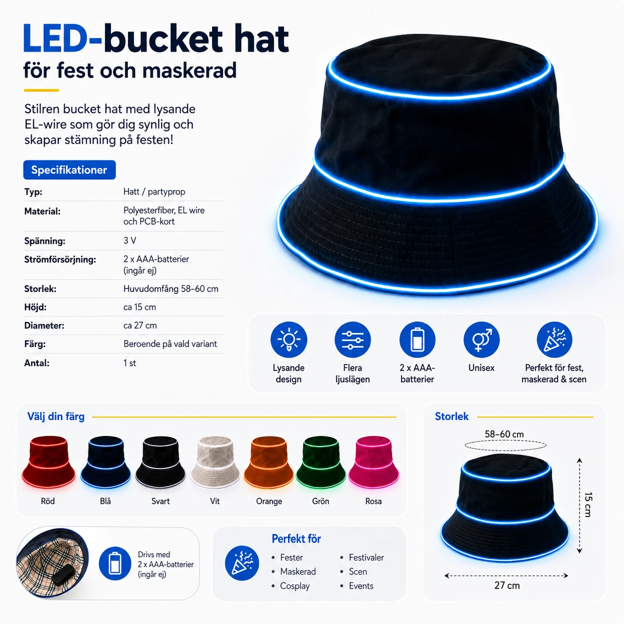 LED-bucket hat för fest och maskerad