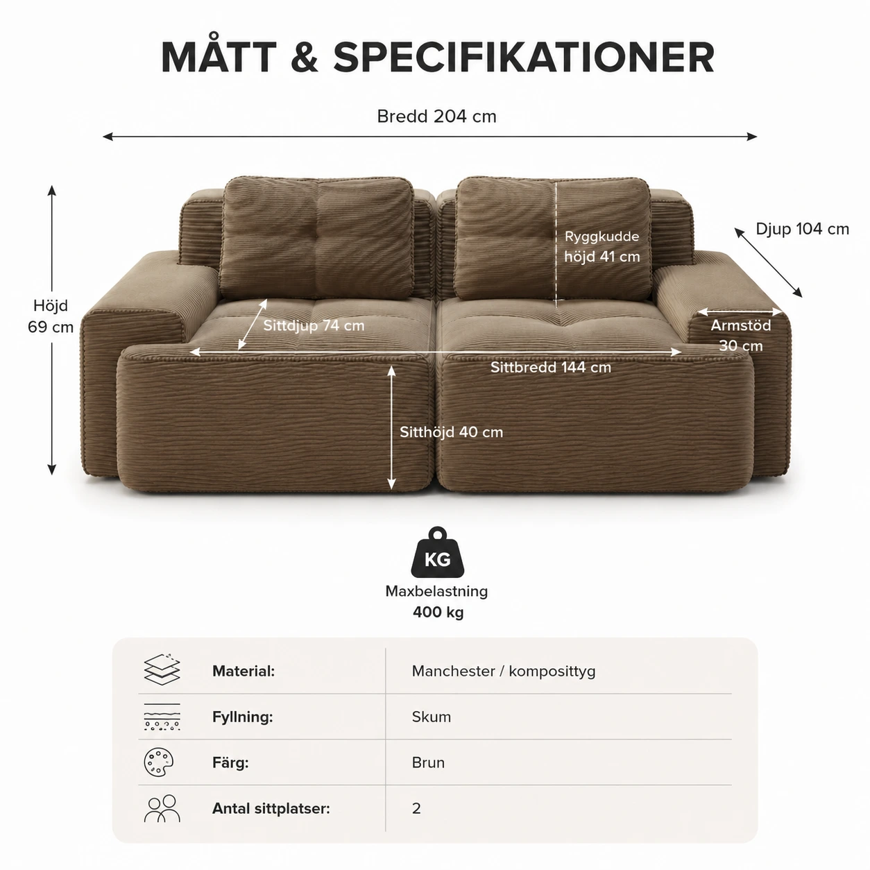 Modulsoffa 2-Sits i Manchester Brun med Djup Sits