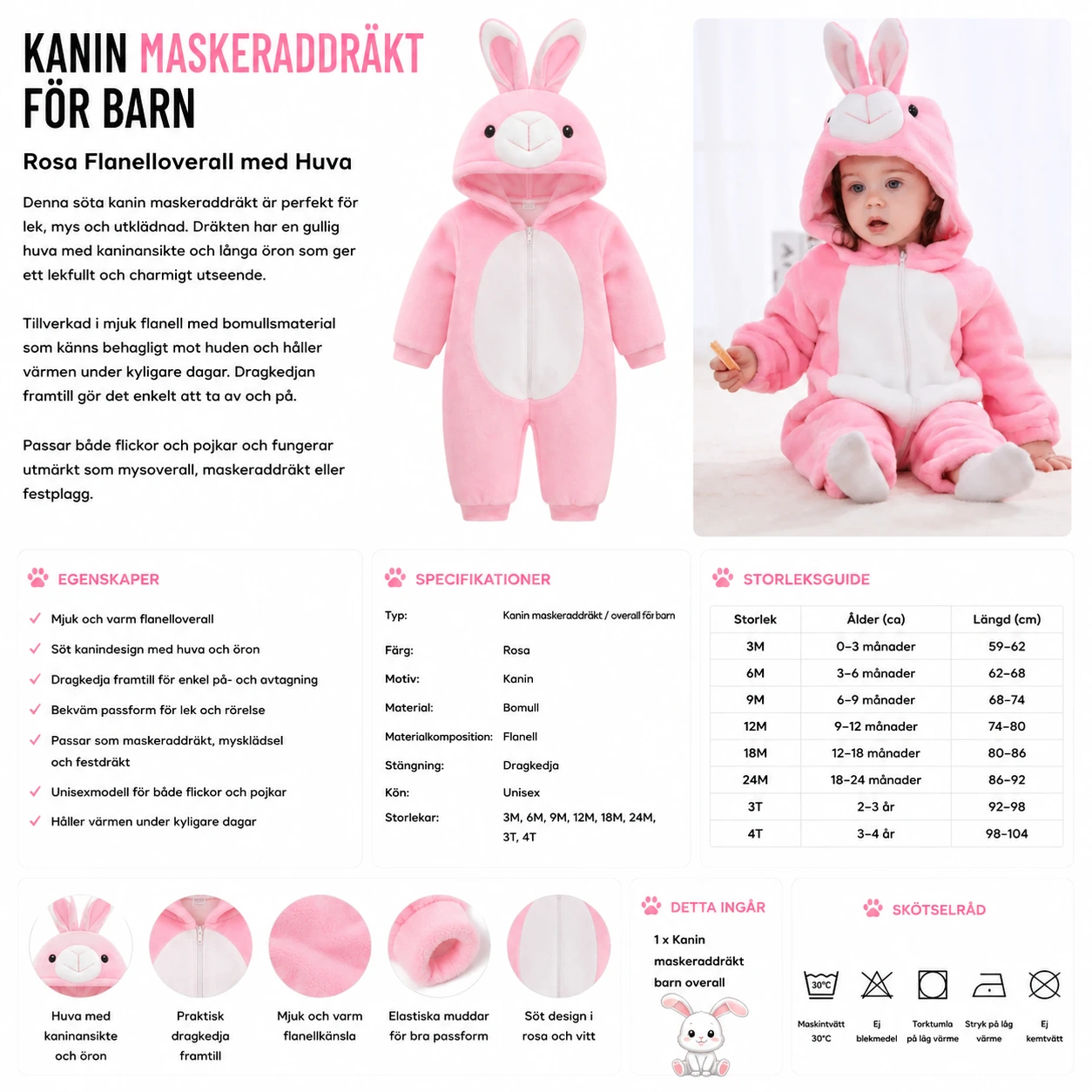 Kanin Maskeraddräkt för Barn – Rosa Flanelloverall med Huva