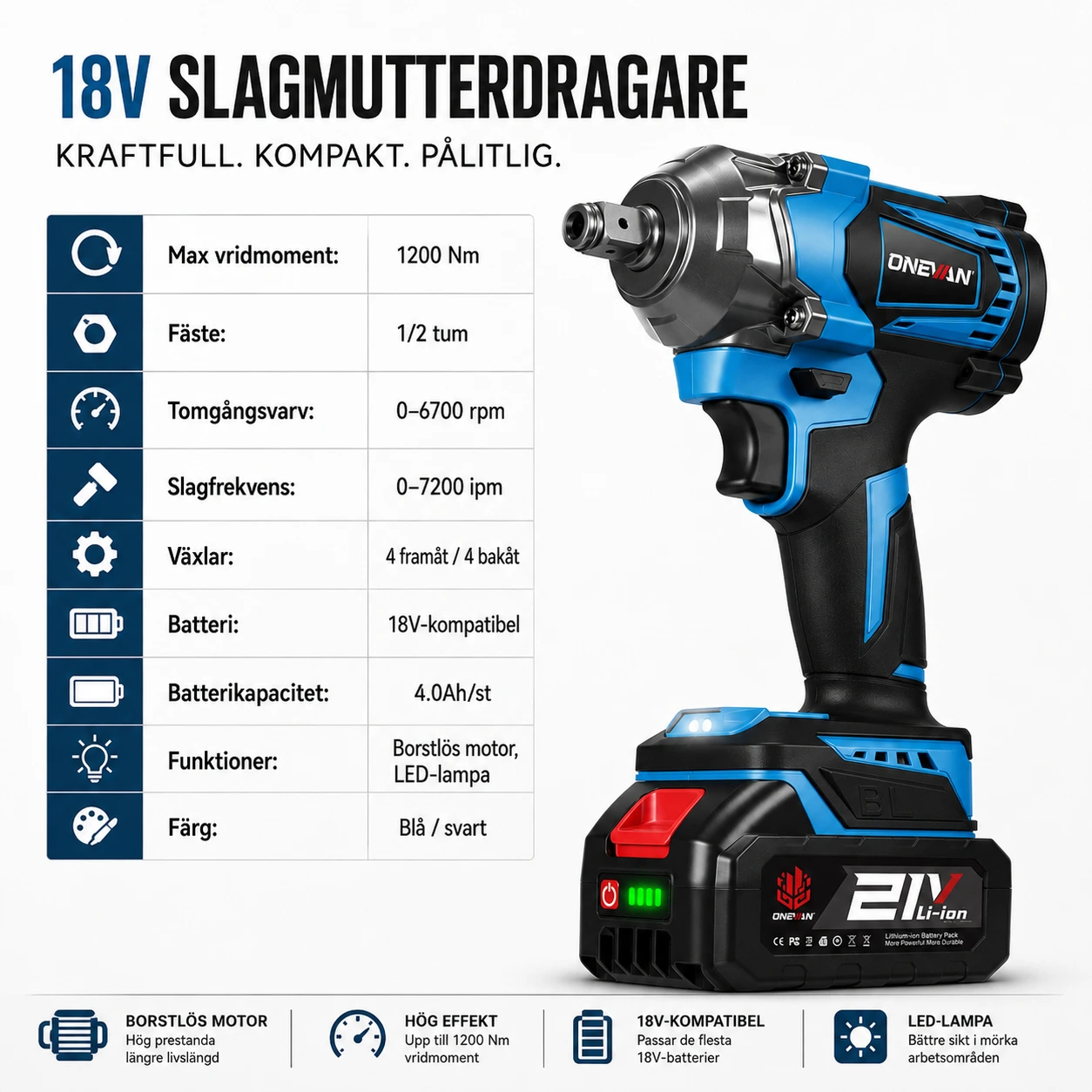 Mutterdragare Batteridriven 1200 Nm – 1/2 tum