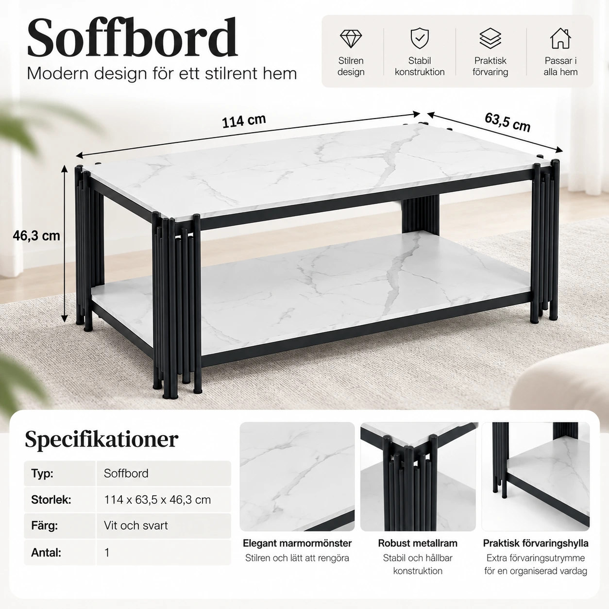 Rektangulärt soffbord med förvaring och marmormönstrad topp