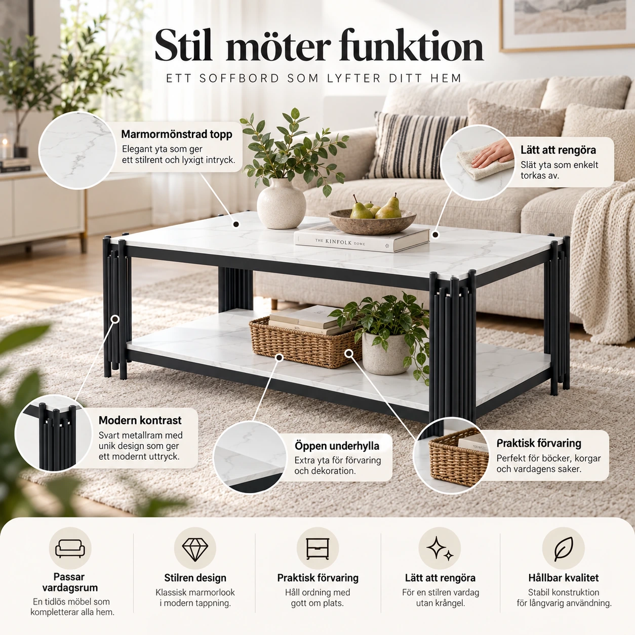 Rektangulärt soffbord med förvaring och marmormönstrad topp