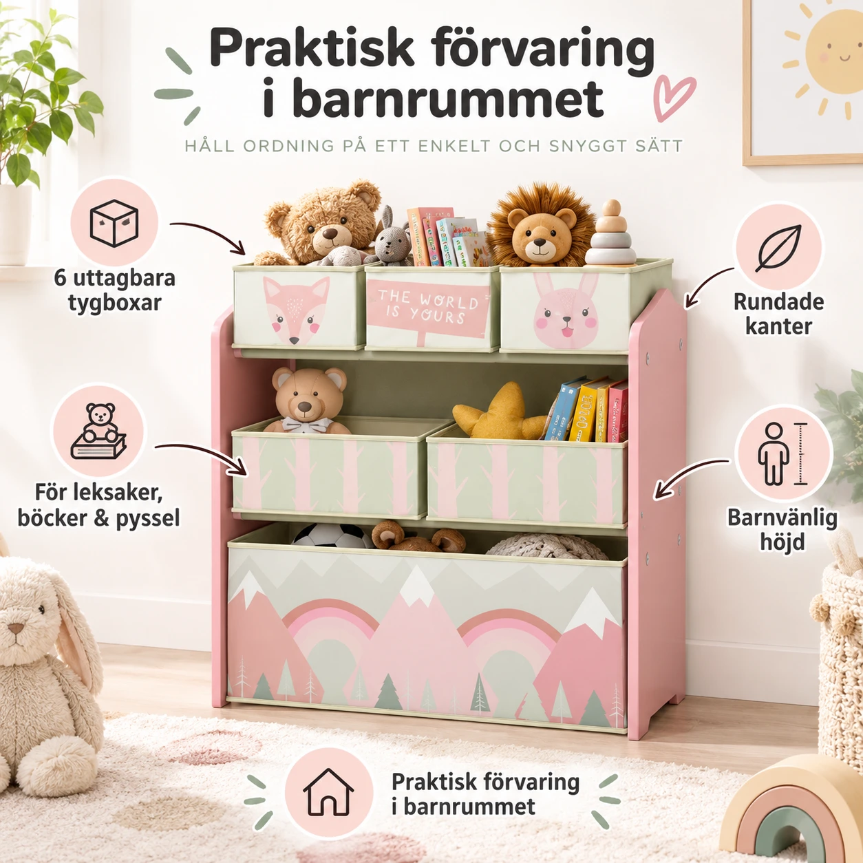 Leksaksförvaring för barn med 6 tygboxar