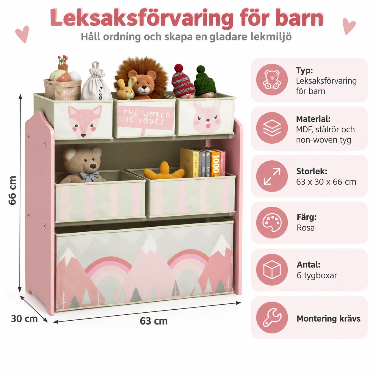 Leksaksförvaring för barn med 6 tygboxar
