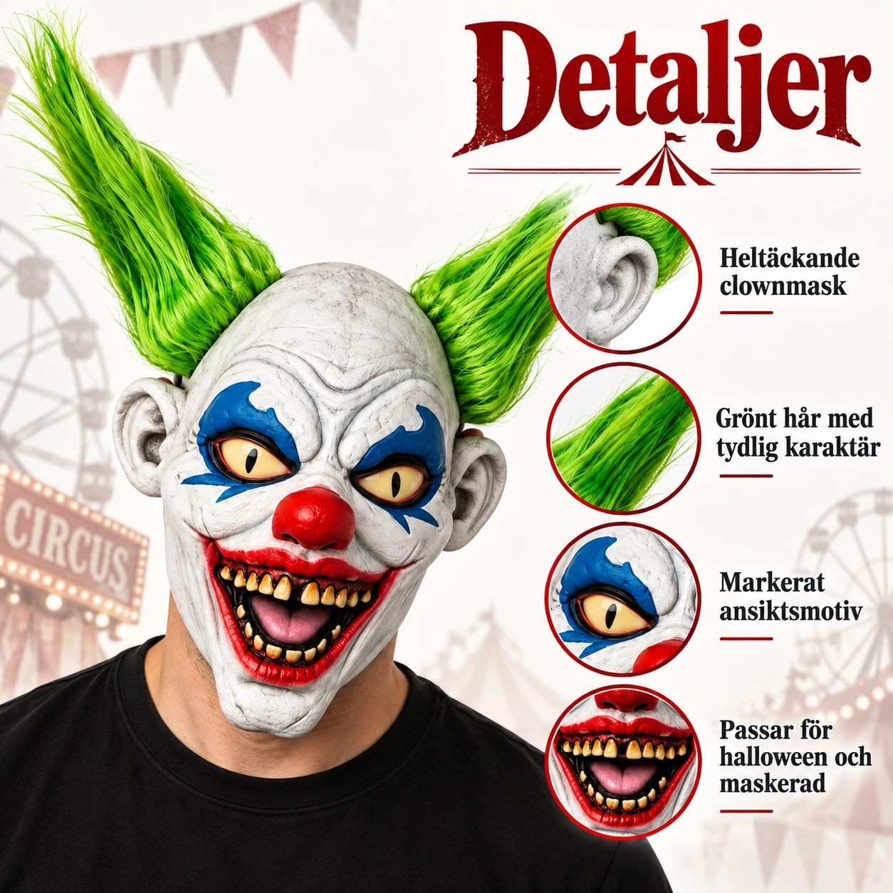 Clownmask i latex med grönt hår