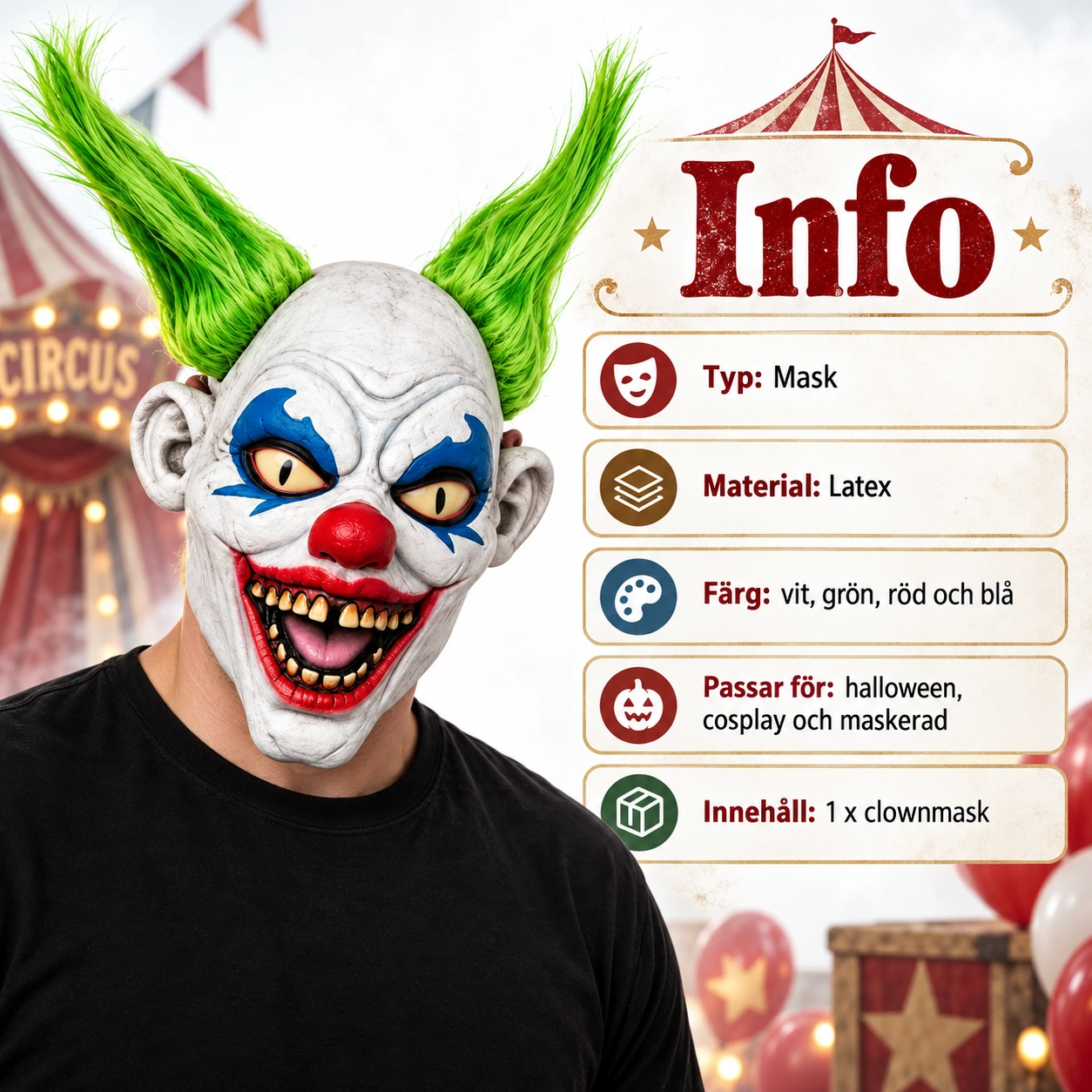 Clownmask i latex med grönt hår